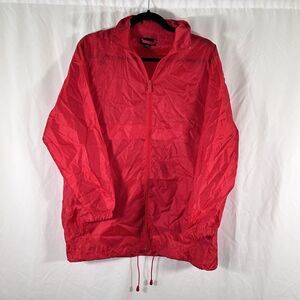 Totes Rain Jacket Men's Small Medium Red Full Zip Tuck Away Hood Pockets Long Sl